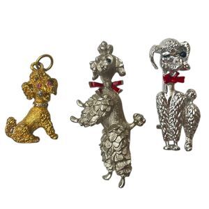 Vintage Lot Of 2 Silver Tone Poodle Pins & 1  Gold Tone‎ Pendant - Cute!